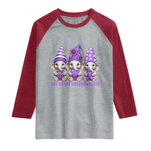 Cute Elephant Gnome Purple Ribbon Alzheimer's Support Raglan Shirt The Heart Never Forgets