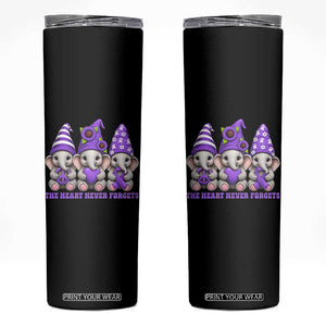 Cute Elephant Gnome Purple Ribbon Alzheimer's Support Skinny Tumbler The Heart Never Forgets