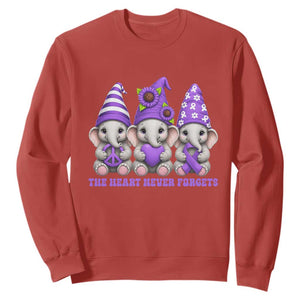 Cute Elephant Gnome Purple Ribbon Alzheimer's Support Sweatshirt The Heart Never Forgets