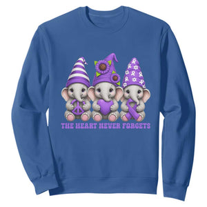 Cute Elephant Gnome Purple Ribbon Alzheimer's Support Sweatshirt The Heart Never Forgets