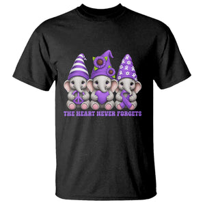 Cute Elephant Gnome Purple Ribbon Alzheimer's Support T Shirt The Heart Never Forgets