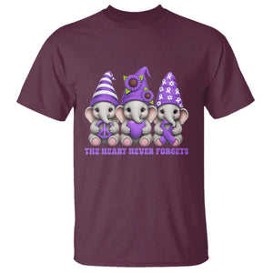 Cute Elephant Gnome Purple Ribbon Alzheimer's Support T Shirt The Heart Never Forgets