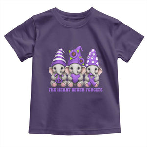 Cute Elephant Gnome Purple Ribbon Alzheimer's Support Toddler T Shirt The Heart Never Forgets
