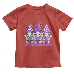 Cute Elephant Gnome Purple Ribbon Alzheimer's Support Toddler T Shirt The Heart Never Forgets