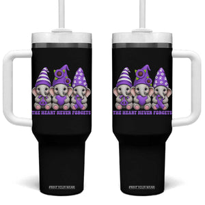 Cute Elephant Gnome Purple Ribbon Alzheimer's Support Tumbler With Handle The Heart Never Forgets