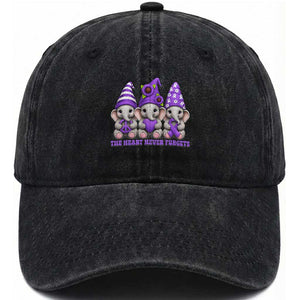 Cute Elephant Gnome Purple Ribbon Alzheimer's Support Washed Cotton Baseball Cap The Heart Never Forgets