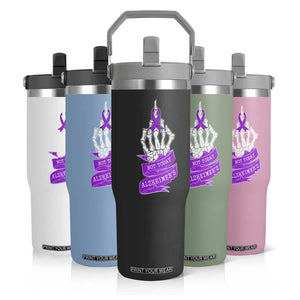 Not Today Alzheimers Flip Straw Tumbler Funny Skeleton Middle Finger Purple Ribbon