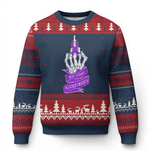 Not Today Alzheimers Ugly Christmas Sweater Funny Skeleton Middle Finger Purple Ribbon