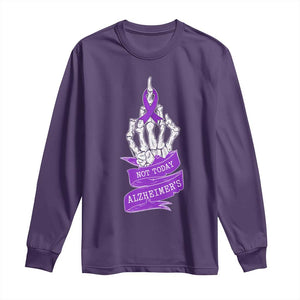 Not Today Alzheimers Long Sleeve Shirt Funny Skeleton Middle Finger Purple Ribbon