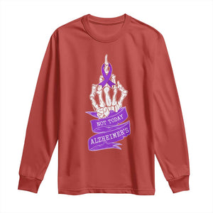 Not Today Alzheimers Long Sleeve Shirt Funny Skeleton Middle Finger Purple Ribbon