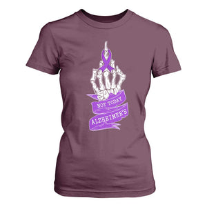 Not Today Alzheimers T Shirt For Women Funny Skeleton Middle Finger Purple Ribbon