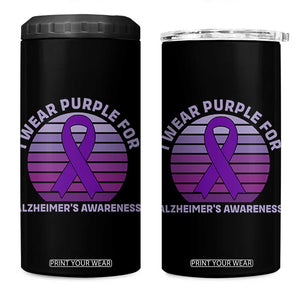I Wear Purple For Alzheimers 4 in 1 Can Cooler Tumbler Vintage Sunset Purple Ribbon Graphic