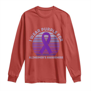 I Wear Purple For Alzheimers Long Sleeve Shirt Vintage Sunset Purple Ribbon Graphic