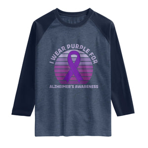I Wear Purple For Alzheimers Raglan Shirt Vintage Sunset Purple Ribbon Graphic