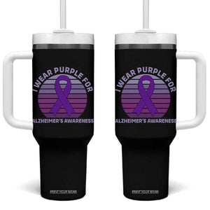 I Wear Purple For Alzheimers Tumbler With Handle Vintage Sunset Purple Ribbon Graphic