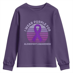 I Wear Purple For Alzheimers Youth Sweatshirt Vintage Sunset Purple Ribbon Graphic