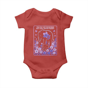 Elephant Alzheimers Purple Floral Support Baby Onesie You May Not Remember But I Will Never Forget