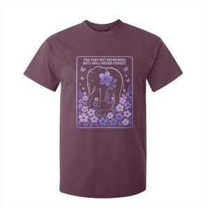 Elephant Alzheimers Purple Floral Support T Shirt For Kid You May Not Remember But I Will Never Forget