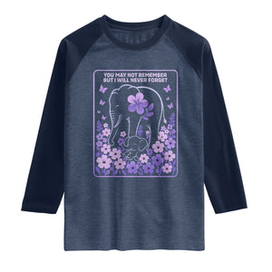 Elephant Alzheimers Purple Floral Support Raglan Shirt You May Not Remember But I Will Never Forget