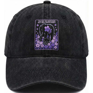 Elephant Alzheimers Purple Floral Support Washed Cotton Baseball Cap You May Not Remember But I Will Never Forget