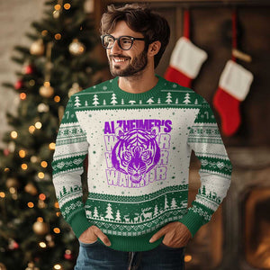 Alzheimer's Warrior Ugly Christmas Sweater Purple Tiger Ribbon Support Graphic