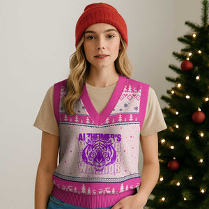 Alzheimer's Warrior V-Neck Knit Sweater Vest Purple Tiger Ribbon Support Graphic
