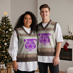 Alzheimer's Warrior V-Neck Knit Sweater Vest Purple Tiger Ribbon Support Graphic