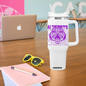 Alzheimer's Warrior Tumbler With Handle Purple Tiger Ribbon Support Graphic