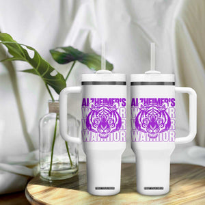 Alzheimer's Warrior Tumbler With Handle Purple Tiger Ribbon Support Graphic