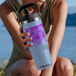 Alzheimer's Warrior Flip Straw Tumbler Purple Tiger Ribbon Support Graphic