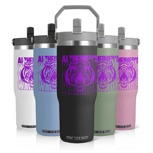 Alzheimer's Warrior Flip Straw Tumbler Purple Tiger Ribbon Support Graphic