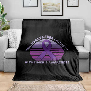 The Heart Never Forgets Alzheimers Support Throw Blanket Vintage Sunset Purple Ribbon Graphic