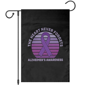 The Heart Never Forgets Alzheimers Support Garden Flag Vintage Sunset Purple Ribbon Graphic