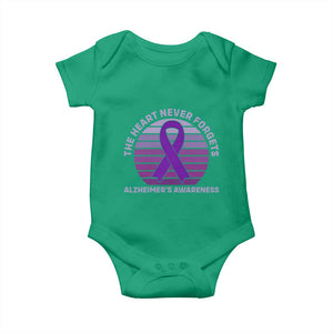 The Heart Never Forgets Alzheimers Support Baby Onesie Vintage Sunset Purple Ribbon Graphic