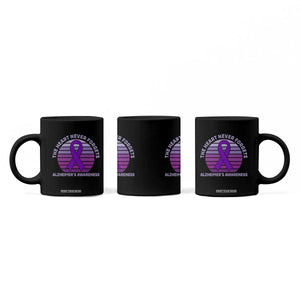 The Heart Never Forgets Alzheimers Support Coffee Mug Vintage Sunset Purple Ribbon Graphic