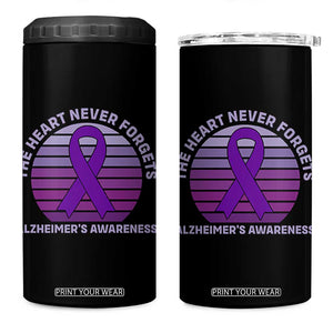 The Heart Never Forgets Alzheimers Support 4 in 1 Can Cooler Tumbler Vintage Sunset Purple Ribbon Graphic