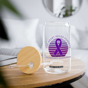 The Heart Never Forgets Alzheimers Support Glass Can Vintage Sunset Purple Ribbon Graphic