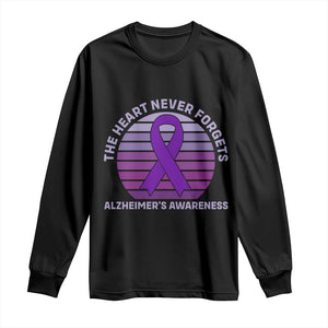 The Heart Never Forgets Alzheimers Support Long Sleeve Shirt Vintage Sunset Purple Ribbon Graphic