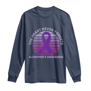 The Heart Never Forgets Alzheimers Support Long Sleeve Shirt Vintage Sunset Purple Ribbon Graphic