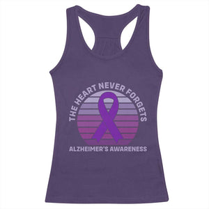 The Heart Never Forgets Alzheimers Support Racerback Tank Top Vintage Sunset Purple Ribbon Graphic
