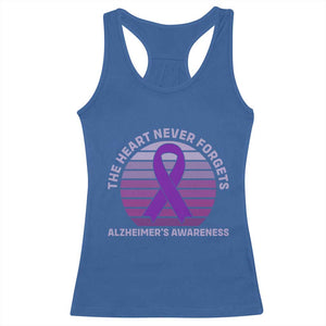 The Heart Never Forgets Alzheimers Support Racerback Tank Top Vintage Sunset Purple Ribbon Graphic