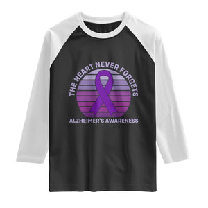 The Heart Never Forgets Alzheimers Support Raglan Shirt Vintage Sunset Purple Ribbon Graphic
