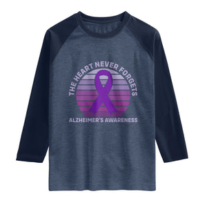 The Heart Never Forgets Alzheimers Support Raglan Shirt Vintage Sunset Purple Ribbon Graphic
