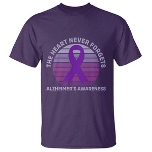 The Heart Never Forgets Alzheimers Support T Shirt Vintage Sunset Purple Ribbon Graphic