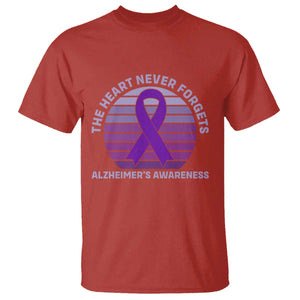 The Heart Never Forgets Alzheimers Support T Shirt Vintage Sunset Purple Ribbon Graphic