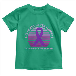 The Heart Never Forgets Alzheimers Support Toddler T Shirt Vintage Sunset Purple Ribbon Graphic