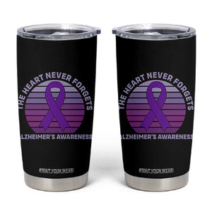 The Heart Never Forgets Alzheimers Support Tumbler Cup Vintage Sunset Purple Ribbon Graphic
