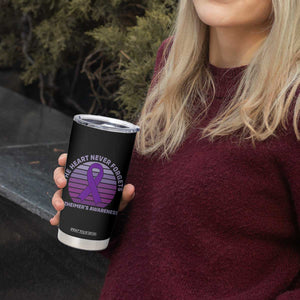 The Heart Never Forgets Alzheimers Support Tumbler Cup Vintage Sunset Purple Ribbon Graphic