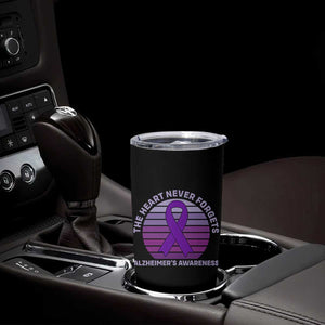 The Heart Never Forgets Alzheimers Support Tumbler Cup Vintage Sunset Purple Ribbon Graphic