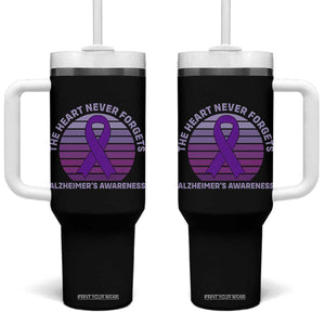 The Heart Never Forgets Alzheimers Support Tumbler With Handle Vintage Sunset Purple Ribbon Graphic